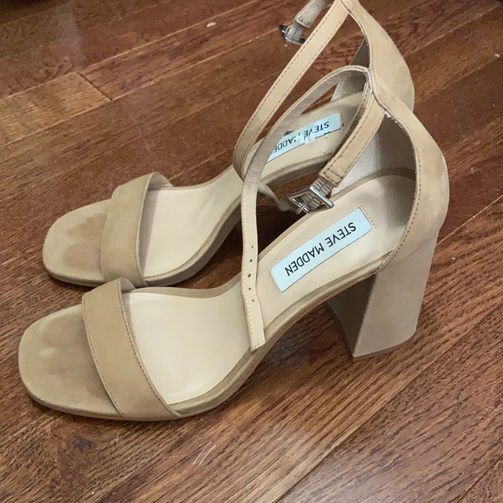 Tan Steve Madden chunky strap heels
